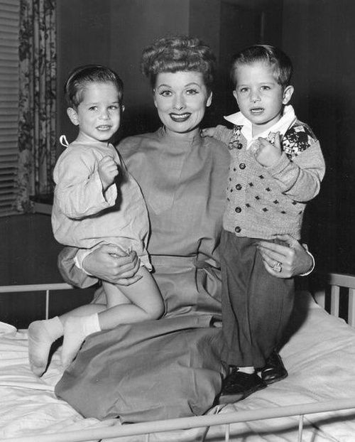 Lucille Ball holding Michael and Josepg Mayer, Desilu Studios Cast and Crew